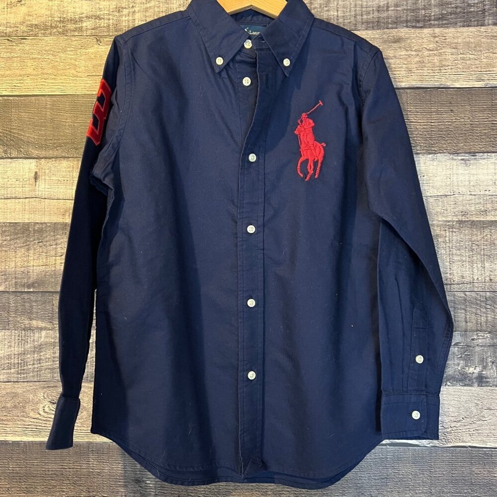 Ralph Lauren Boys Navy & Red Button Down Oxford Shirt 7 Big Pony Logo Preppy